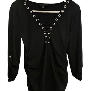 Black Grommet Lace Neck Top With Rolled Tab Sleeves and Cinch Waist Size Small